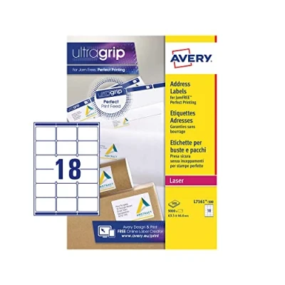 Image of Avery L7161 Printable, Customisable Address Mailing Labels, Laser Printers, 18 Labels Per A4 Sheet, 9000 UltraGrip, White