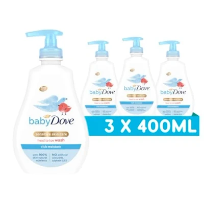 Image of Baby Dove Rich Moisture Head to Toe Wash Gentle &amp; Nourishing Hair and Body for Babies, Tear Free Formula, Delicate Fragrance, Keeps Skin Soft, Ideal Newborns 400ml, Pack of 3
