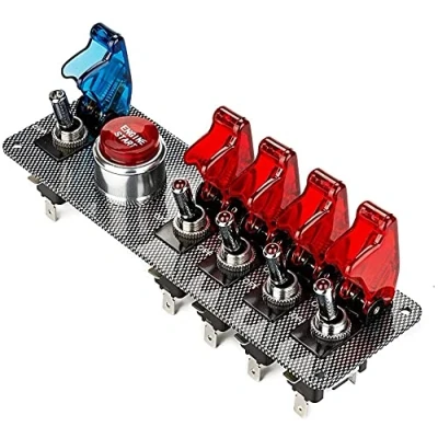 Image of Jtron DC12V Flip Up Ignition Switch Panel,5 in 1 Car Engine Start Push Button LED Toggle for Racing Sport Competitive (4 Red Blue)