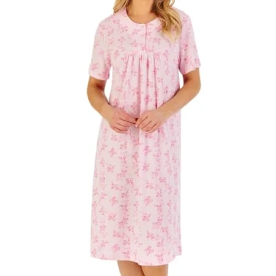 Image of Slenderella Floral Jacquard Short Sleeve 42 inch Polycotton Nightdress (20/22, pink)