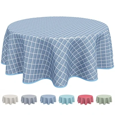 Image of Home Direct Round Oilcloth PVC Wipe Clean Tablecloth 160cm 62&quot; Check Blue Grey