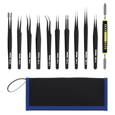 Image of MMOBIEL 10x Industrial Precision ESD Tweezers Anti Static Stainless Steel for Electronics Tools, Jewelry, Computer, Laboratory Work, Crafts and Hobbies etc. Incl. Spatula Case