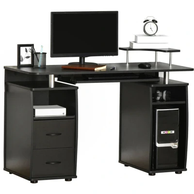 Image of HOMCOM Computer Desk Office PC Table Workstation with Keyboard Tray, CPU Shelf, Drawers, Sliding Scanner Black