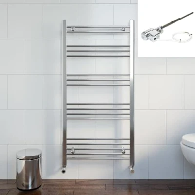 Image of DuraTherm® 1200 x 600mm Flat Straight Heated Towel Rail Radiator Dual Fuel Bathroom Warmer Wall Mounted Ladder Rad Chrome Thermostatic, 300W