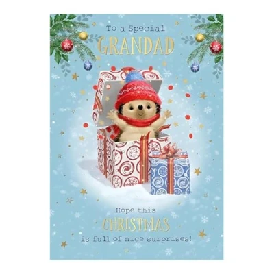 Image of Grandad Christmas Card Special Hedgehog and Stars Artistic Festive Design Finish Made in the UK Eco Friendly