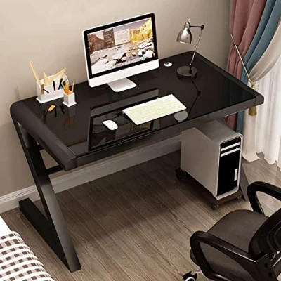 Image of FAANAS Tempered Glass Computer Desk Modern Design Student Writing Study Home Office Gaming Personal Workstation with Z Shaped Metal Frame(47 Inch, Black)