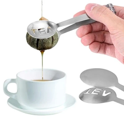 Image of Spoon Shaped Tea Bag Squeezer/Holder Gadget, Round Stainless Steel Teabag Tong Strainer Holder Kitchen Bar