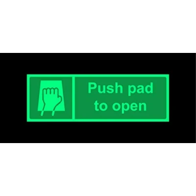 Image of Push pad to open emergency Safety sign 1.2mm Photoluminescent glow in the dark rigid plastic with self adhesive backing 150mm x 50mm