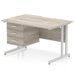 Image of Impulse 1200 x 800mm Scalloped Edge Office Desk Grey Oak Top Silver Cantilever Leg Workstation 1 3 Drawer Fixed Pedestal