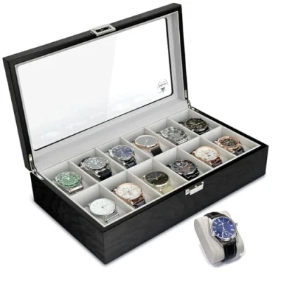 Image of Watch Box Wooden,Mens Case,Watch Storage box,Collection Jewelry Holder Organizer for Men,Watch stand Display Case With Glass Lid,Men&#039;s Gift (Black, 12 Solt)