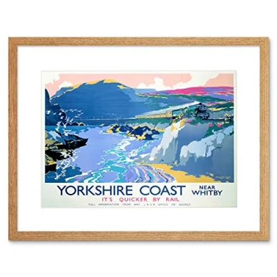 Image of Wee Blue Coo Travel Yorkshire Whitby England UK Steam Train Gulls Sea Framed Wall Art Print