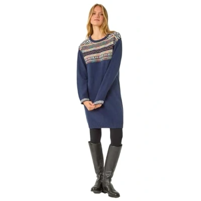Image of Roman Thick Jumper Dress for Women UK Ladies Knitted Knit Sweater Long Longline Knitwear Autumn Winter Holiday Round Neck Sleeve Soft Knee Length Sweat Warm Navy Size 18