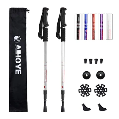 Image of Aihoye Hiking Trekking Poles, 2 Pack Collapsible,Lightweight, Anti Shock, or Walking Sticks,Adjustable Pole for Men and Women, with 10 Replacement Tips (Silver)