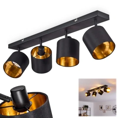 Image of Alsen Ceiling lamp, Metal/Fabric lamp in Black/Gold, 4 Flame, with Adjustable spotlights, x E14, Spotlight Fabric lampshades Retro/Vintage Design, Bulbs not Included