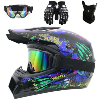 Image of Youth Kids Motocross Dirt Bike Helmet DOT Approved ATV Motorcycle Full Face Four Wheeler Offroad Street MX with Gloves, Goggles, Shield 4 Piece(A1,L(56 57cm))