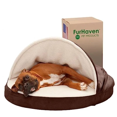 Image of Furhaven 35&quot; Round Memory Foam Dog Bed For Large/Medium Dogs w/Removable Washable Cover, Up to 50 lbs Sherpa &amp; Suede Snuggery Espresso, 35 inch