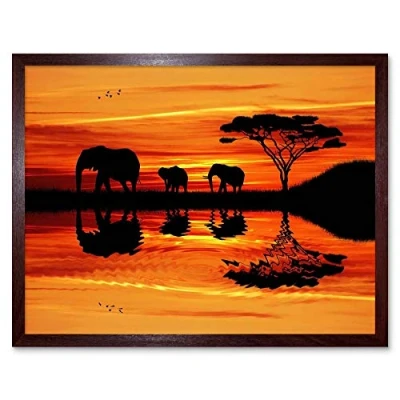 Image of Wee Blue Coo Photo Composition African Elephant Silhouette Sunset Art Print Framed Poster Wall Decor 12X16 Inch