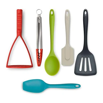 Image of Zeal JSET47QB Non Stick Silicone Tongs, Turner, Cooks Spoon, Spatula &amp; Masher 6 Piece Set Bright Mix