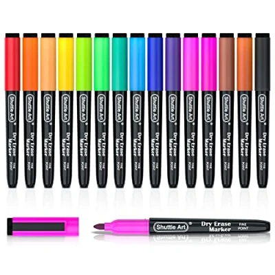 Image of Shuttle Art Whiteboard Markers, 15 Colours Magnetic Pens with Eraser, Fine Point Dry Wipe Markers for Kids Writing On Whiteboards, Weekly Planner, Glass School Office Home