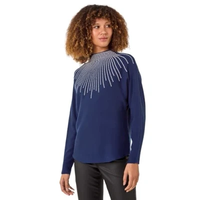 Image of Roman Originals Shimmer Leaf Knit Jumper for Women UK Ladies Everyday Autumn Winter Crew Neckline Comfy Soft Evening Vacation Work Party Night Out Midnight Blue Size M