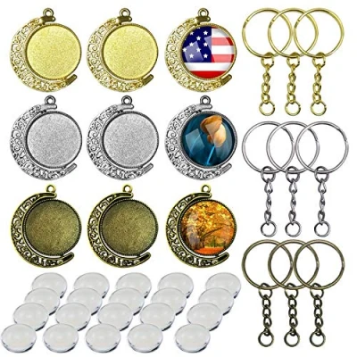 Image of Allazone 36 PCS Pendant Trays Kit, 25 MM 9 Moon Rotation Double Side Round Blank Bezel Trays, 18 Glass Dome Tiles Clear Cameo and Buckle for Jewelry Making