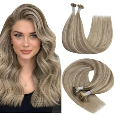 Image of YoungSee U Tip Hair Extensions Light Brown Highlight Tips Human Highlights Blonde for Women 18In Keratin Remy 50s/50g