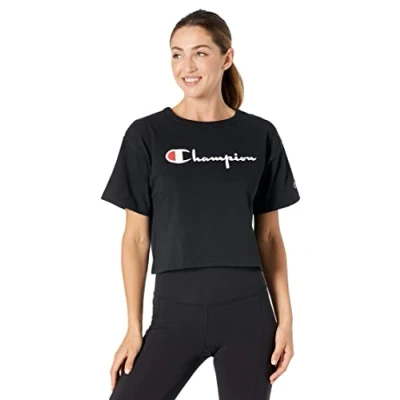 Image of Champion Women&#039;s Heritage Cropped Tee T Shirt, Black Vintage Script, S