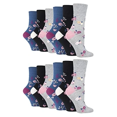 Image of Gentle Grip 12 pack ladies patterned wide top socks in 20 styles (SOLRH216)