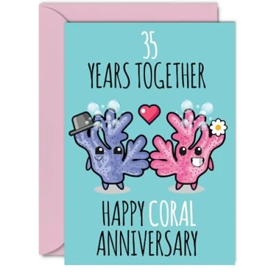 Image of Cute Coral Anniversary Card for Boyfriend Girlfriend 35 Years Together Happy 35th Wedding Cards Women Men, A5 Greeting Thirty Fifth Anniversaries