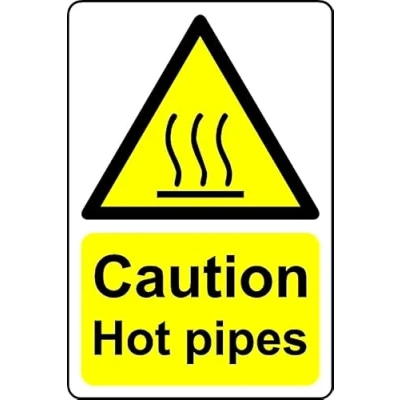 Image of Caution hot pipes safety sign Self adhesive sticker (300mm x 200mm)