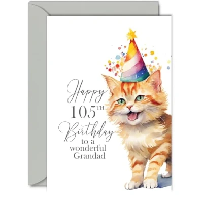 Image of 105th Birthday Cards for Grandad Party Cat Kitten Happy Card 105 Year Old from Granddaughter Grandson, A5 Bday Man Men Him Greeting Gift Gifts