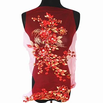 Image of SUNMOVE Large Embroidery Rhinestone Sequin Applique Lace Flower Patch Net Trim Sewing Collar Wedding Party Dress DIY (Red)