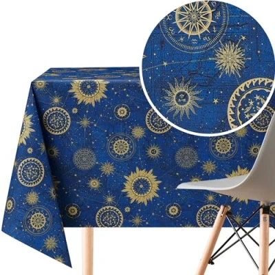 Image of KP HOME PVC Table Cloth Wipe Clean Tablecloth Oilcloth in Astral Gold Print 300x140 Rectangle 118x55 Navy Blue Large Plastic Cover 10 Seat Wipeable Waterproof Vinyl Outdoor Protector