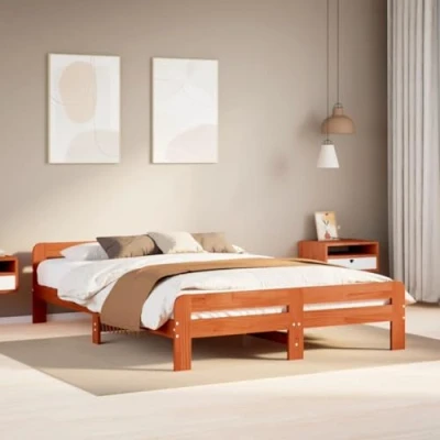 Image of vidaXL King Size Bed Frame Solid Pine Wood, Wax Brown, 203x154x53 cm, with Headboard and Footboard