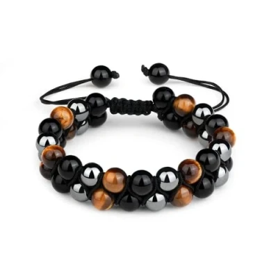 Image of MTDPWY Triple Protection Healing Crystal Bracelet, Tigers Eye Black Obsidian Hematite 8mm Beads Stone Bracelets for Good Luck Prosperity and