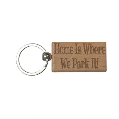 Image of Decalarama Motorhome Keyring Gift Home Is Where We Park It Engraved Hardwood Key Fob Novelty Nice Custom Campervan Present, Brown, S