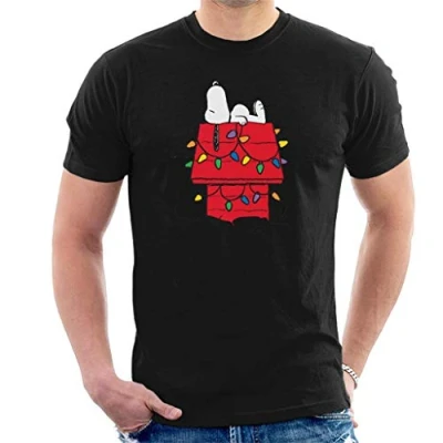 Image of Peanuts Christmas Light House Snoopy Men&#039;s T Shirt Black