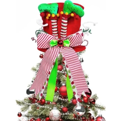 Image of KAHEIGN Christmas Tree Topper, 25CM Large Red Xmas Top Hat with Elf Legs and Striped Bow Ribbon for Home Holiday Winter Party Decor Desktop Ornaments