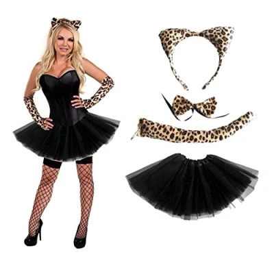 Image of Lizzy Ladies Leopard Halloween Fancy Dress Girls Wild Cat Tutu Costume Skirt Gloves Full Set(Tutu, 3 Pcs Accessory Set)