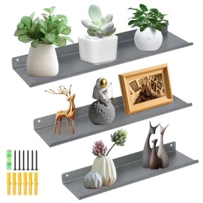 Image of Uten Floating Shelves, Rustic Iron Wall Shelves Set of 3, Decorative Photo Book Display for Bedroom, Living Room, Kitchen, Bathroom and Office, Gray with Silver Specks