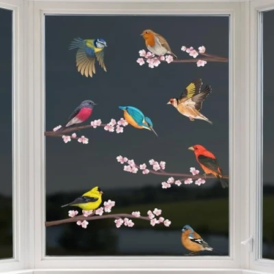 Image of 8 Birds with Blossom Branches Window Clings Non Adhesive Vinyl Stickers Beautiful Glass Safety Sticker