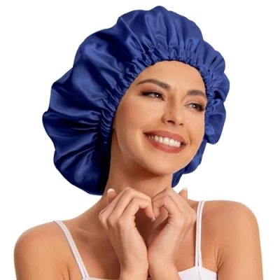 Image of Satin Bonnet Silk Hair for Sleeping Slouchy Beanie Hat Sleep Cap Women&#039;s Natural &amp; Curly Hair(Navy)
