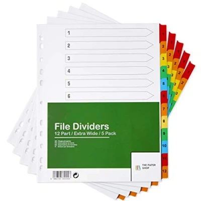Image of [5 Pack] A4+ Extra Wide 12 Part File Dividers Numbered Subject Multipunched Reinforced Colour Tabs 150gsm