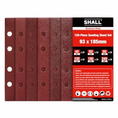Image of SHALL 120pcs Sanding Sheets Rectangular, 93x185mm Sander Sandpaper 8 Holes Hook and Loop Pads,Assorted 40/60/80/120/180/240 Grits