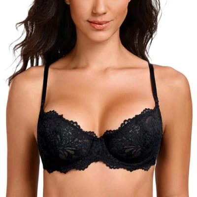 Image of MELENECA Women&#039;s Sexy Lace Push Up Plus Size Sheer Balconette Underwire Unlined Bra Black 40F