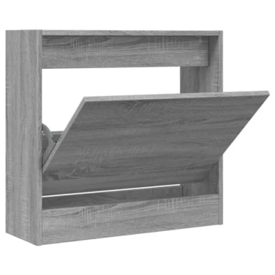 Image of vidaXL Engineered Wood Shoe Cabinet in Grey Sonoma Compact 60x21x57 cm Organizer with Flip Drawer for Hallway Storage