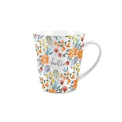 Image of Auntie Gift Mug Orange Flowers Design Small Latte Ceramic White Tea/Coffee Present