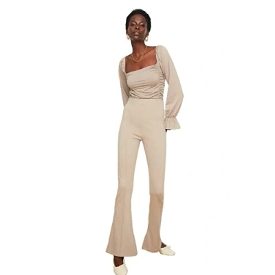 Image of Trendyol Women High Waist Flare Leg Slim fit Trousers Stone