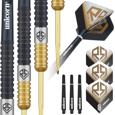 Image of Unicorn Darts Set Ross &#039;Smudger&#039; Smith 90% Tungsten Barrels with Two Tone Black &amp; Golden Titanium Coatings Steel Tip Gold Volute Points 22 g