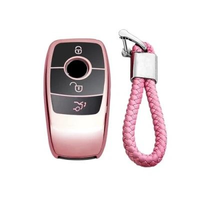 Image of M.JVisun Soft TPU Case Cover Protector Car Remote Key Fob For Mercedes Benz 2019 2022 A Class C G 2017 E 2018 2021 S Glossy Pink Braided Keychain